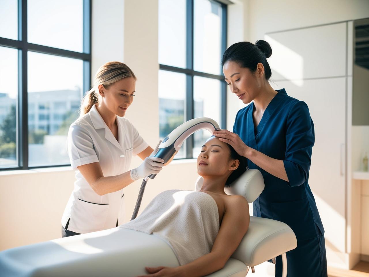 Woman receiving non-invasive body treatment in sunlit, modern Denver wellness clinic.