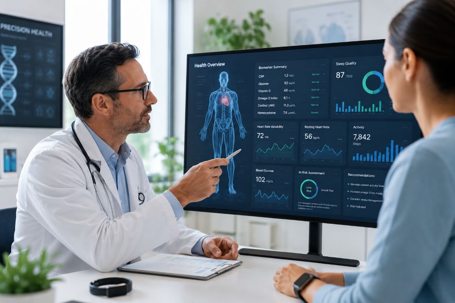 healthcare professional reviewing AI-powered health analytics dashboard