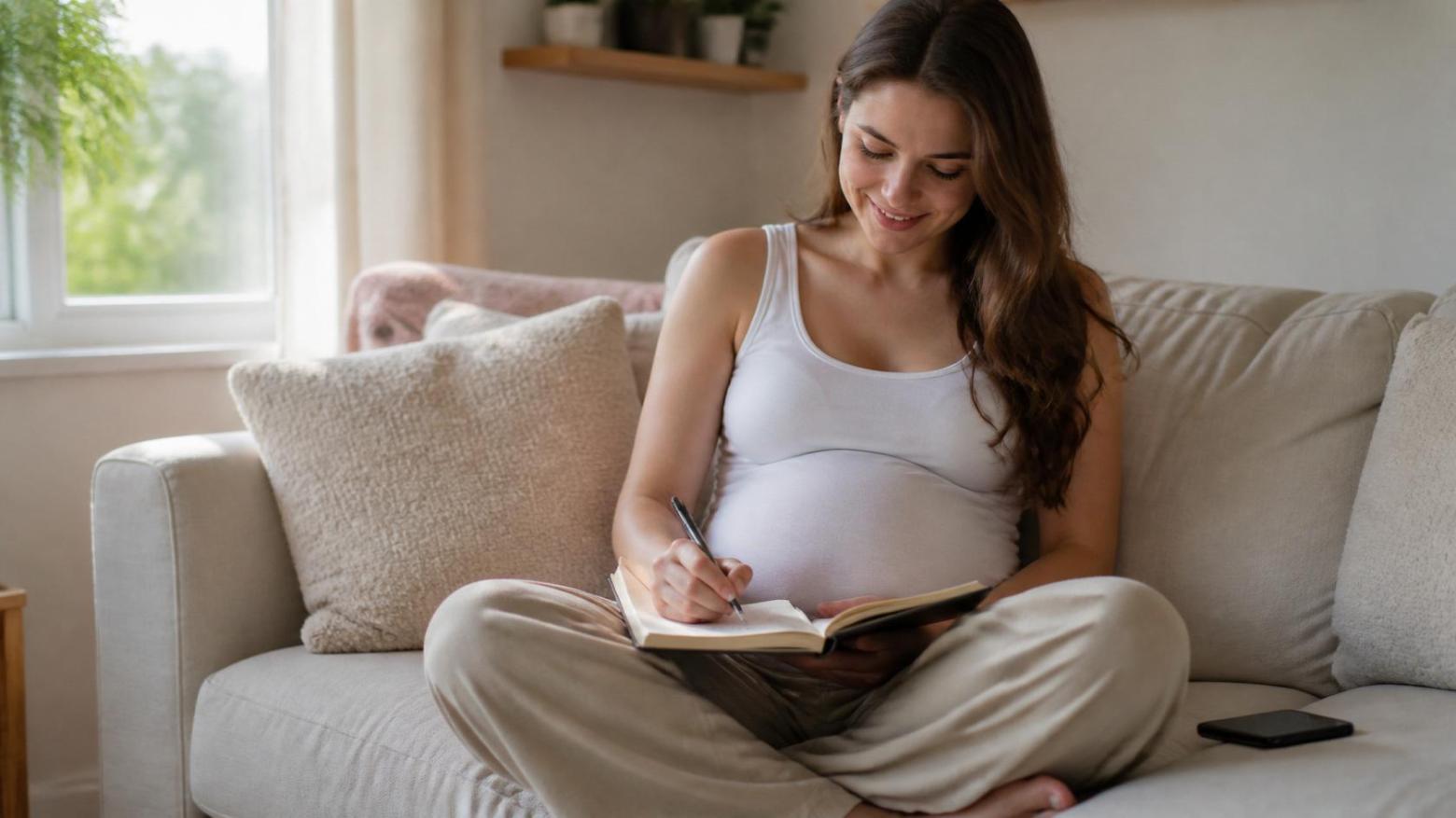 Pregnant woman journals by a sunlit window, phone set aside quietly.